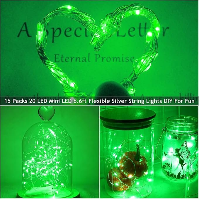 15 Packs 20 Led Green Fairy Lights Battery Operated St Patricks Day Lights 6.6ft Silver String Lights Waterproof Firefly Starry Light for DIY Table Centerpieces Halloween Christmas Party