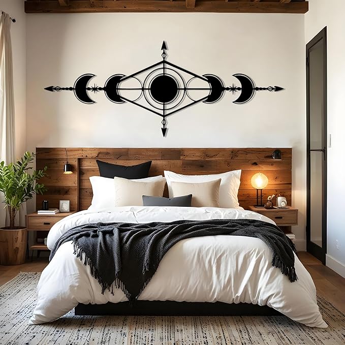 Hfrolixit Moon Phase Metal Wall Decor, Boho Moon Metal Wall Art, Celestial Wall Decor, Scandinavian Natural Wall Art, Astrology Wall Hanging (Silver, 48"x19"/121x49cm)