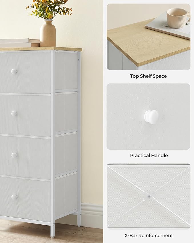 SONGMICS Dresser for Bedroom, Fabric Dresser with 4 Drawers, Metal Frame, Small Chest of Drawers, White and Oak ULTS314W57