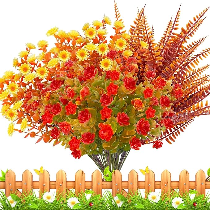20 Bundles Artificial Fall Flowers for Outdoors Fall Thanksgiving Decorations - UV Resistant Fake Mums Faux Fall Plants Plastic Flowers for Gardens Porch Fireplace Patio Home Indoor Autumn Fall Decor