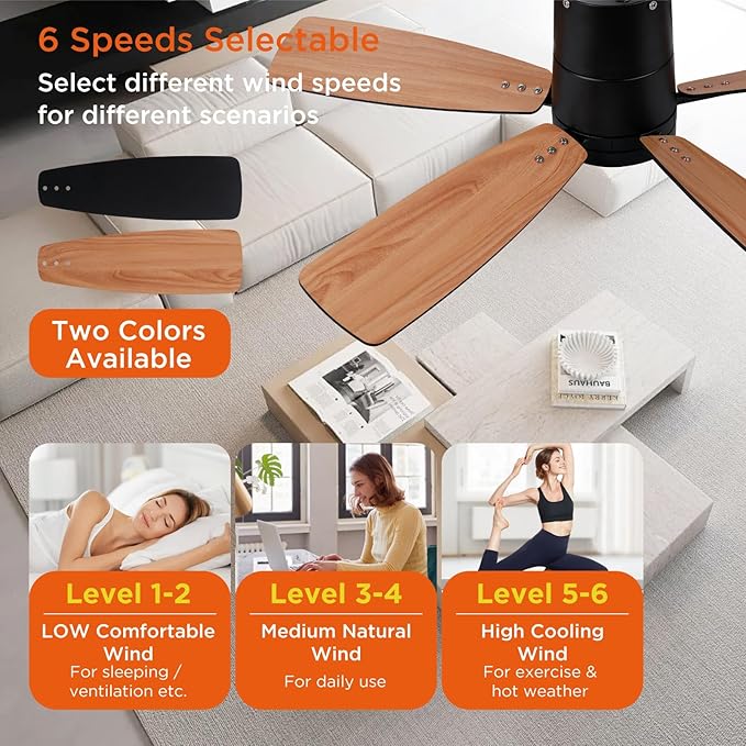 TALOYA 42 inch Ceiling Fans with Lights,Ultra Quite Low Profile Ceiling Fan with Light and Remote Control,Flush Mount, Reversible, Dimmable,Modern Ceiling Fan for Bedroom Kids Room Black