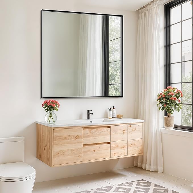 Suidia Bathroom Mirror, 36" x 36" Wall Mirror Metal Framed, Bathroom Vanity Mirror for Living Room Bedroom Bathroom Entryway, Black, Rect Corner Style
