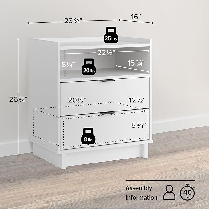Prepac Simply Modern Nightstand Bedside Table, White Nightstand for Bedroom, End Table with 2 Drawers and Open Shelf 23.75" W x 26.75" H x 16" D