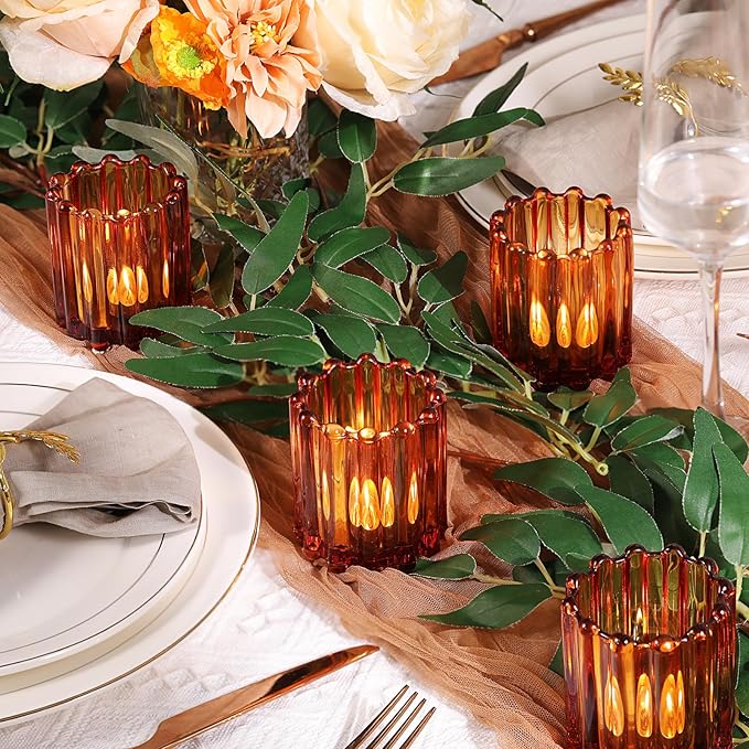 Glass Amber Votive Candle Holder, Ribbed Votive Candle Holders Set of 12, Tealight Candle Holder for Wedding Centerpieces Dinner Party Table Decor