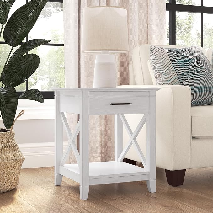 Bush Home End Table with Drawer, Nightstand with Storage, Living Room and Bedroom Furniture, Key West Collection, Pure White Oak