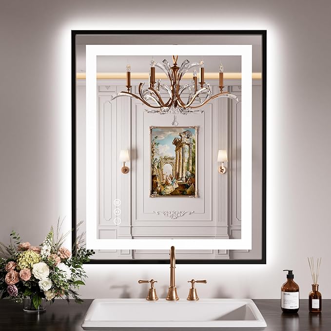 LED Bathroom Mirror,30"x36" Mirror with Black Frame, Front Light and Backlit, Stepless Dimmable, Anti-Fog, Shatter-Proof, Memory, 3 Colors, Double LED Vanity Mirror
