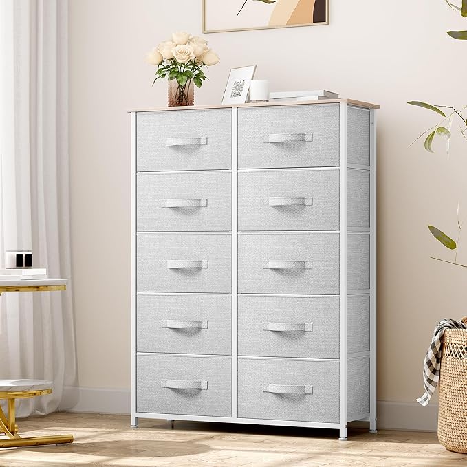 YITAHOME 10 Drawer Dresser - Fabric Storage Tower, Organizer Unit for Bedroom, Living Room, Hallway, Closets - Sturdy Steel Frame, Wooden Top & Easy Pull Fabric Bins (Cool Gray)
