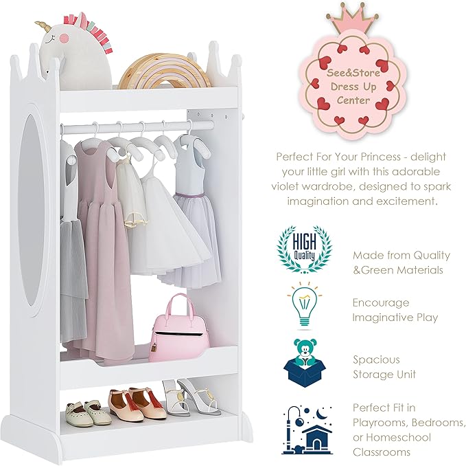 UTEX Kid’s See and Store Dress-up Center, Costume Closet for Kids, Open Hanging Armoire Closet, Pretend Storage, Costume Dresser(White)