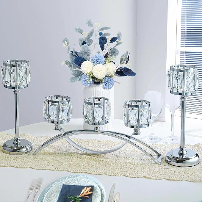 3 Arms Crystal Candle Holders, Arch Candlestick Table Candelabras Centerpieces for Wedding, Dinning Room, Cabinet Ornaments, Home Decoration， Gift (3-arm Arched Set, Silver)