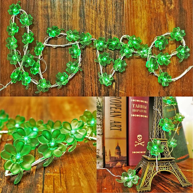 BOHON St Patricks Day Decorations Shamrocks String Lights Battery Operated with Remote 10 ft 40 LEDs Lucky Clover Green Lights for Bedroom Party Feast of Saint St. Patrick's Day Decoration