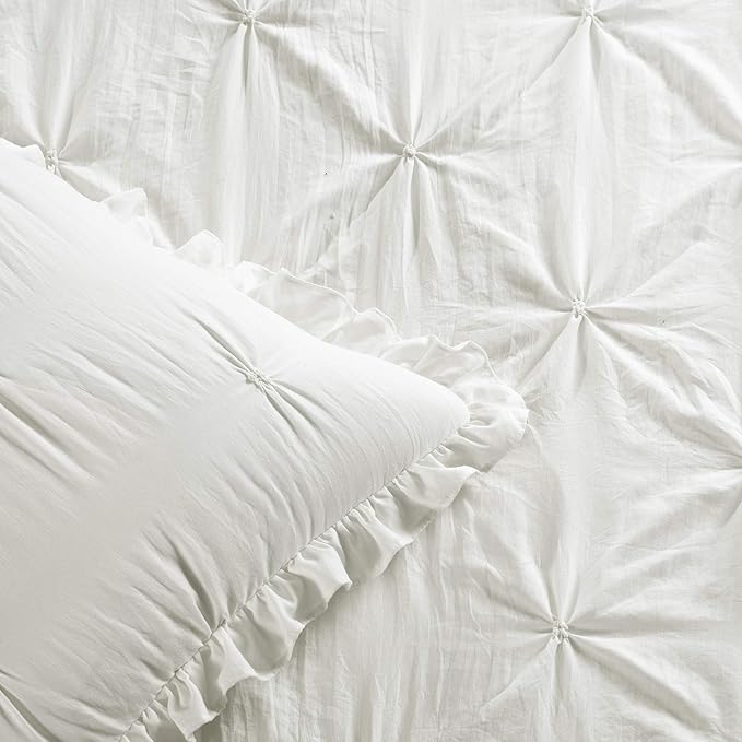 Lush Decor Ravello Pintuck Ruffle Skirt Bedspread Set - Luxe 3 Piece Ruffled Bedding Set - Traditional Glam & Farmhouse Inspired Bedroom Decor - King, White