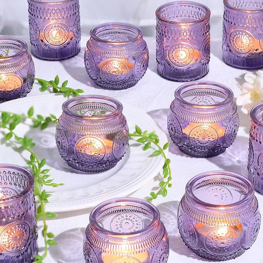 12pcs Assorted Purple Votive Candle Holders for Party Decorations, Lavender TeaLight Candle Holder for Bridal Shower, Baby Shower Decrations, Boho Tea Party Purple Decor, Purple Gifts for Women