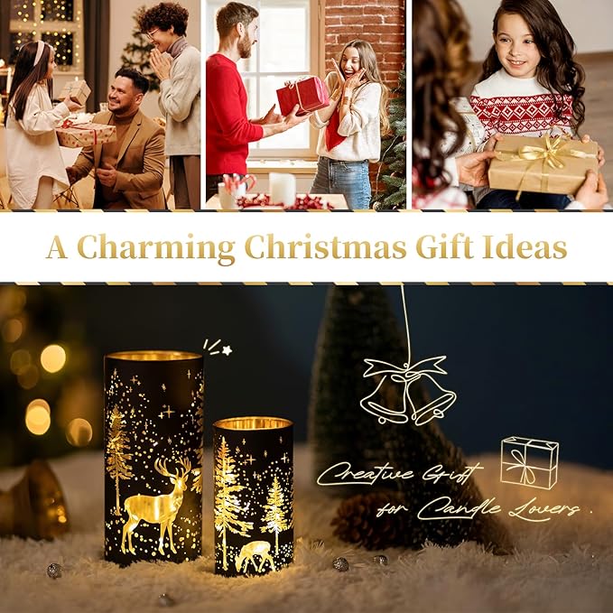 Glasseam Christmas Hurricane Candle Holder: 2 Pcs Black Candle Holders for Pillar Candles Cylinder Mercury Glass Candle Holder Reindeer Candle Holders for Table Centerpiece Thanksgiving Decorations