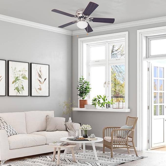 Prominence Home Alvina, 42 Inch Traditional Flush Mount Indoor LED Ceiling Fan with Light, Pull Chain, Dual Finish Blades, Reversible Motor - 80029-01 (Brushed Nickel)