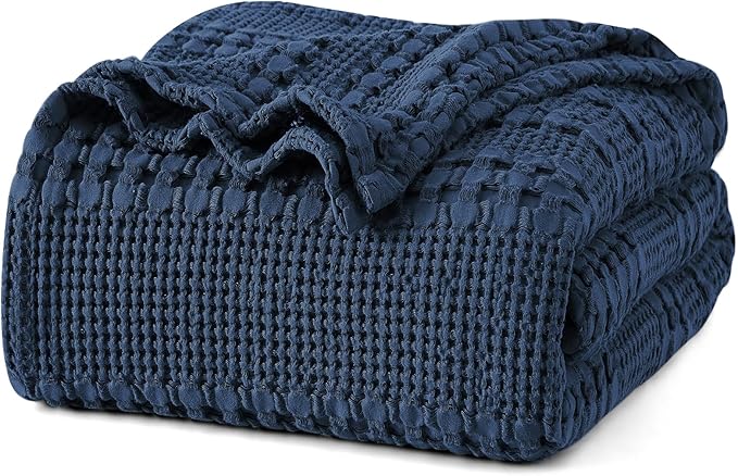 PHF 100% Cotton Waffle Weave Blanket Queen Size for Bed, Soft Lightweight & Breathable, All-Season Comfort, Luxury Aesthetic Woven Bedding for Home Decor, 90"x90", Blue Sapphire