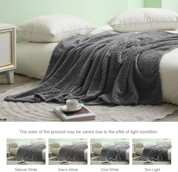 Exclusivo Mezcla Fleece Queen Size Blanket for Bed, 90x90 Inches Soft Cozy Jacquard Flannel Blankets, Lightweight Fuzzy Plush Warm for Winter, Dark Grey