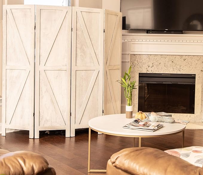Premium Home 4-Panel Room Divider – Rustic White Barn Door, K Pattern Folding Privacy Screen, Partition Wall