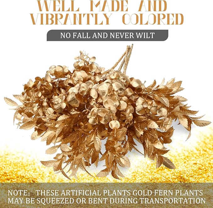 Lyrow 20 Pack Gold Artificial Plants for Christmas Decor Artificial Eucalyptus Leaves Spray Flowers Gold Eucalyptus Stems Branch for Xmas Home Hotel Vase Filler Wedding Party