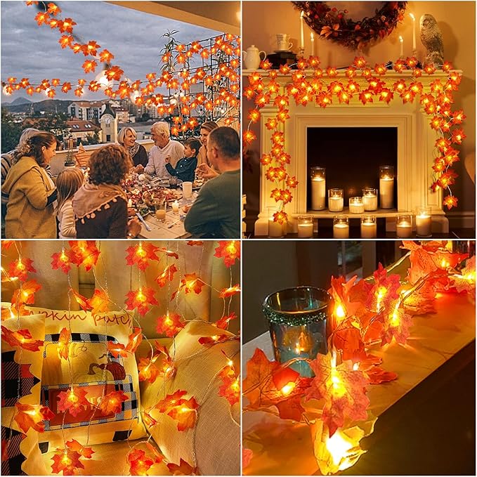 GBD Thanksgiving Decorations-5 Pack Total 50Ft 100LED Fall Garland with Lights Battery Operated Enlarged Maple Leaves Garlands for Fall Decorations for Home Christmas Halloween Indoor Outdoor Decor