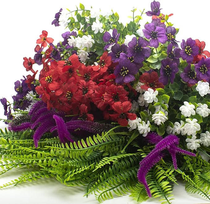 20Pcs Artificial Flowers for Outdoor UV Resistant & Waterproof, Realistic Fade-Proof Faux Greenery Shrubs Hanging Plants for Garden Porch Yard Lawn Patio Decorations (Vibrant Colors)