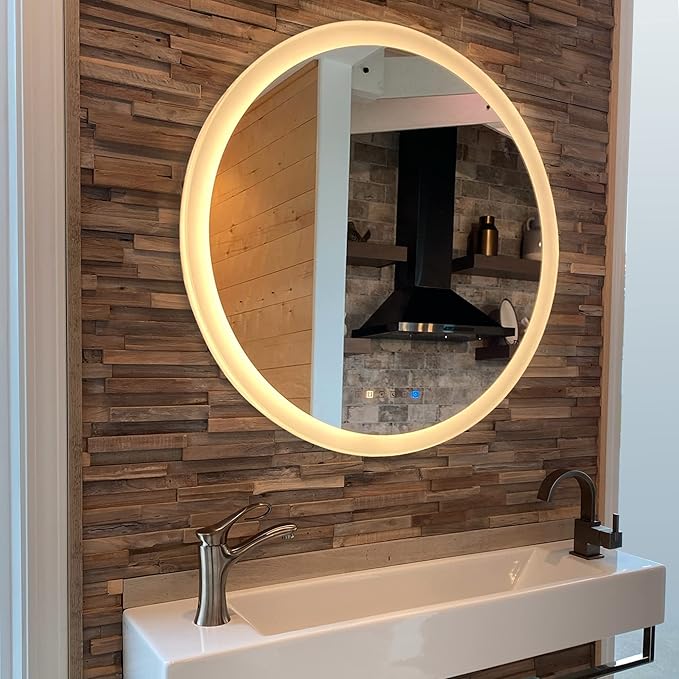 LED Round Bathroom Mirror, Wall Mounted Vanity Makeup Mirror with Anti Fog, Dimmable Touch Button, Adjustable Color Temperature, Memory Function 28 Inch by Fab Glass and Mirror