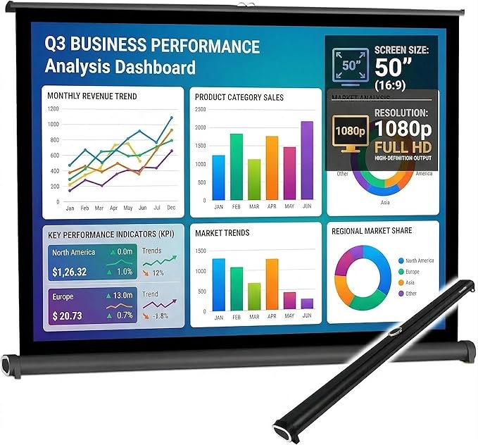 Japard 50 Inch Projector Screen Portable Floor Standing16:9 HD Floor Rising Retractable Tabletop Projector Screen with Stable Stand Compact Mobile Screen, Office, Classroom