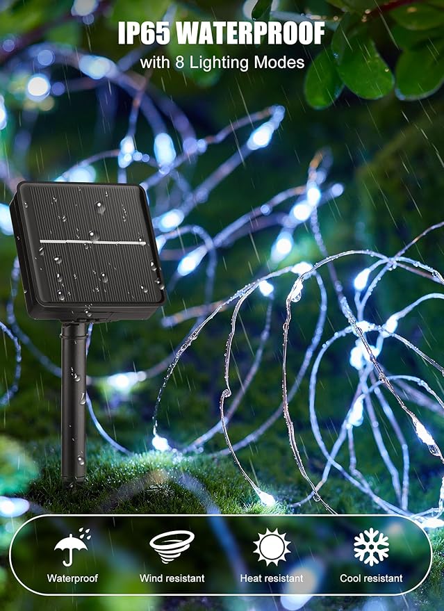 Minetom Solar String Lights for Outside, 33Ft 100 LED Outdoor Solar Fairy Lights, 8 Modes Balcony Lights for Tree Patio Christmas Party Wedding Decor (Pure White)