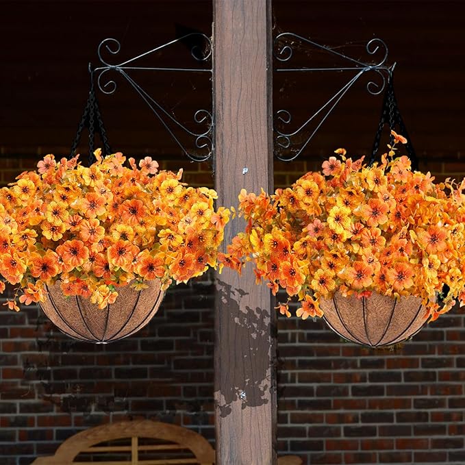 Orgrimmar 2 Pack Artificial Fall Mums Hanging Basket - UV Resistant Fake Hanging Plants with Realistic Silk Mums & Eucalyptus, Coconut Lining Baskets for Home Porch Balcony Patio Yard (Orange)