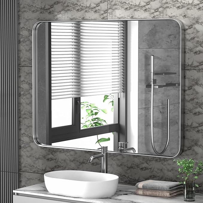 PAIHOME 16x24-Inch Brushed Nickel Bathroom-Vanity-Mirror for Wall - 304 Stainless Steel Silver Frame Bathroom Mirrors, Rectangle Farmhouse Mirror, Vertical Or Horizontal Hanging Modern Mirror