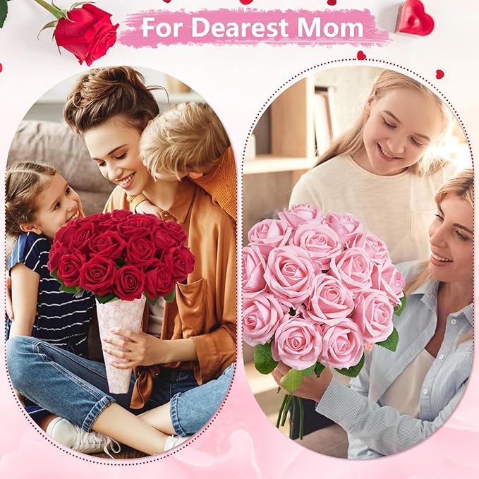 BLEUM CADE 50 Pcs Pink Roses Artificial Flowers, Real Touch Velvet Roses Fake Flowers Bulk, Artificial Roses Bouquet with Long Stems Bridal DIY Wedding Party Centerpiece Decorations