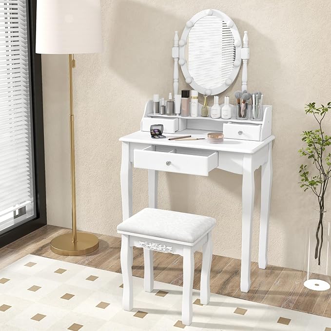 CHARMAID Girls Makeup Vanity Desk with Lights, Vanity Table with Lighted Mirror, 3 Lighting Modes, Adjustable Brightness, Modern Makeup Table with 3 Drawers and Stool for Small Space (White)