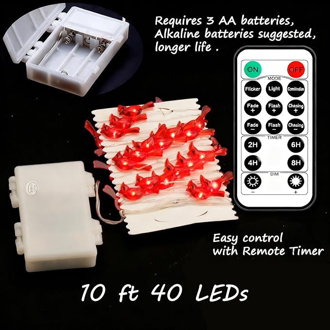 Impress Life Christmas Tree Cardinal String Lights, Red Snow Bird Decorative Ornaments 10 ft 40 LEDs Battery Operated with Remote Timer for Wedding Birthday Parties Bedroom Home Holiday Decoration