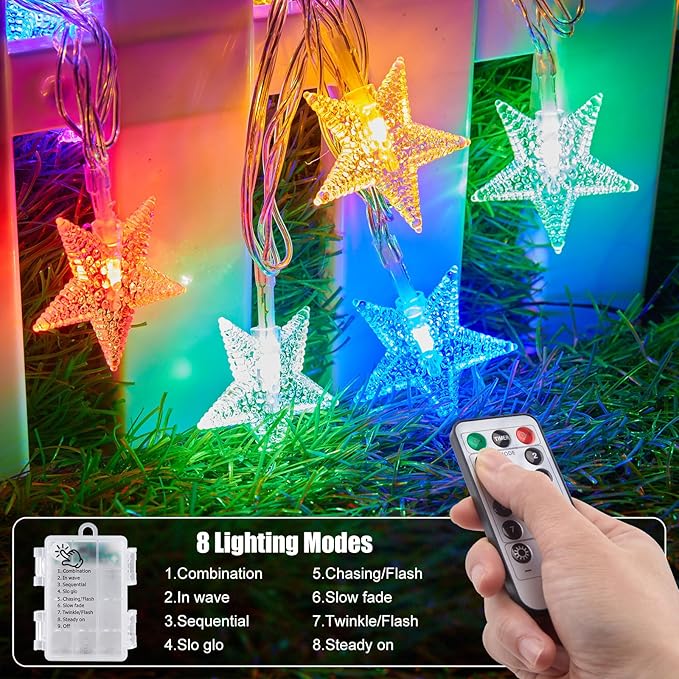 Brightown Star String Lights Battery Operated - 2 Pack 17 ft 50 LED Star Fairy String Lights with Remote and Timer, 8 Modes Waterproof for Bedroom Tent Loft Bed Patio Party Wedding Decor, Multicolor