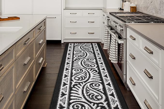 Custom Length Cut to Size Tribal Ethnic Southwestern Inspired Hallway Runner Rug, Non Slip Rubber Backed, 31 inch Wide X Customized Length, Mayan Black, 31 inch X 32 feet