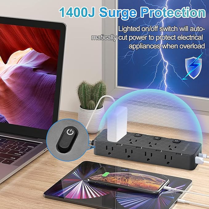 Surge Protector Power Strip 10 Ft - 8 Widely AC Outlet 4 USB Ports(2 USB C), Flat Plug Extension Cord with Multiple Outlets, Individual Switches, Desk Extender for Dorm, Home, Office Essentials, 1400J