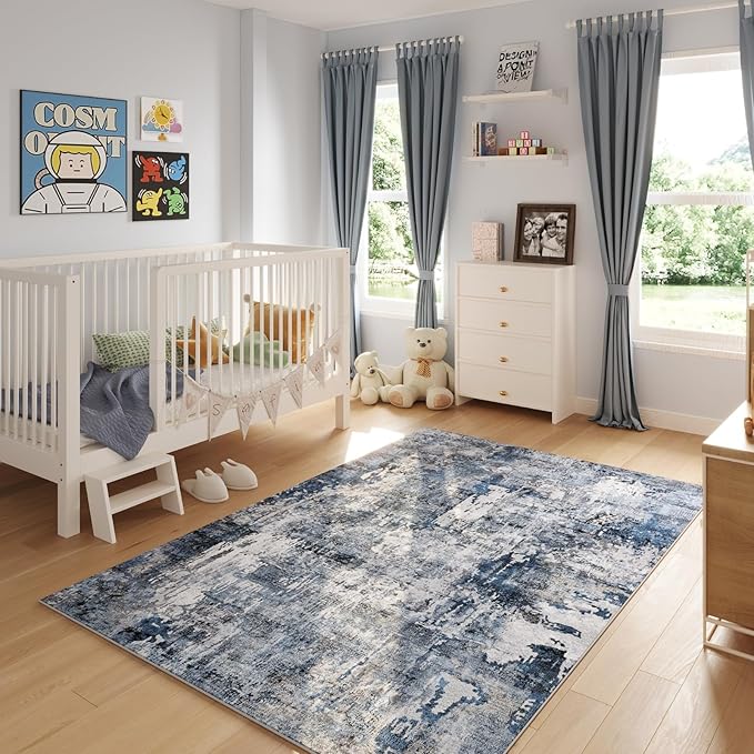 9x12 Rug Washable Boho Rug Soft Large Area Rug Non-Slip Non-Shedding Faux Wool Vintage Rug for Living Room, Farmhouse, Dining Room, Indoor, Kids Playroom, Blue