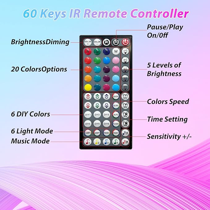 Led Lights for Bedroom 130ft (2 Rolls * 65ft) Music Sync Color Changing Led Strip Lights with 60 Key Remote and App Control RGB Led Light Strip for Home Party Room Decoration