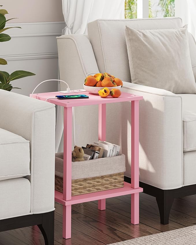TUTOTAK End Table with Charging Station, Set of 2, Small Side Table with Outlets, Nightstand Bedside Table, 2-Tier Storage Shelf for Small Space, Living Room, Bedroom Pink TB01BP041