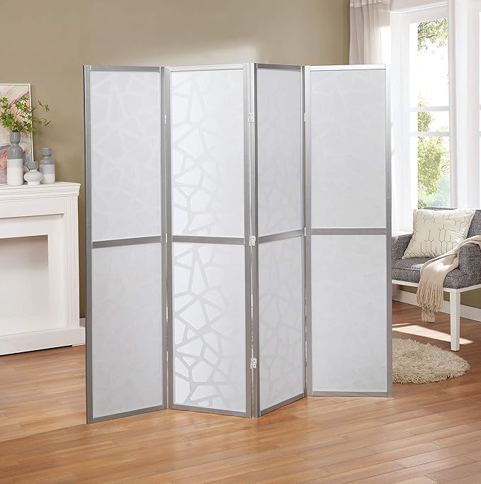 Roundhill Furniture Giyano 4 Panel Screen Room Divider, Sliver