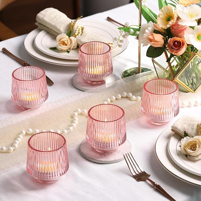 12 Pcs Large Pink Candle Holder- 3.15"×3.15" Ribbed Pink Vorive Candle Holders for Pink Bridal Shower Decorations, Girl Baby Shower Decorations, Pink Glass Candle Holder for Table Centerpiece