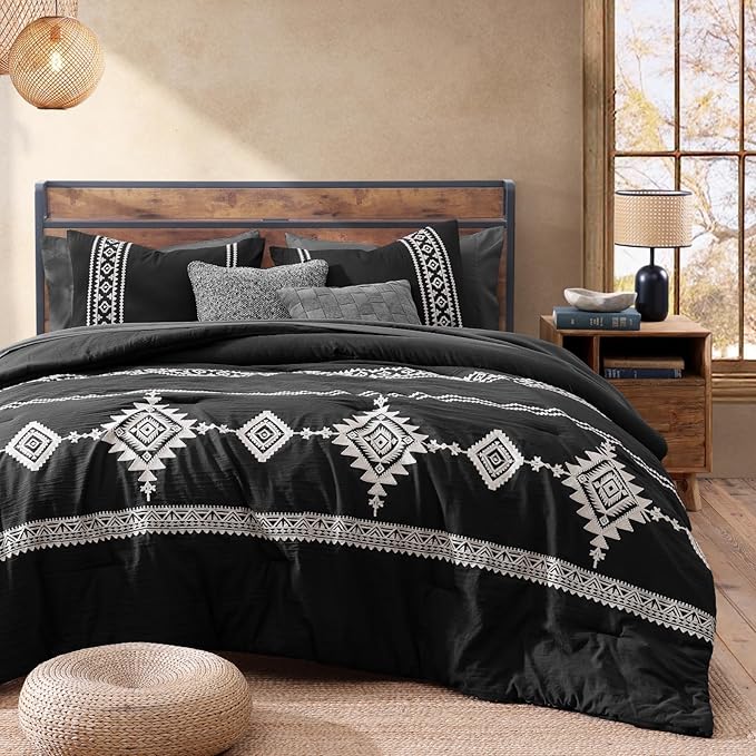 MaiRêve Embroidery Full Size Comforter Set Black, Farmhouse Western Boho Bedding Set 7 Pieces, All Season Bed in A Bag Comforter Set with Sheets, Pillowcases & Shams