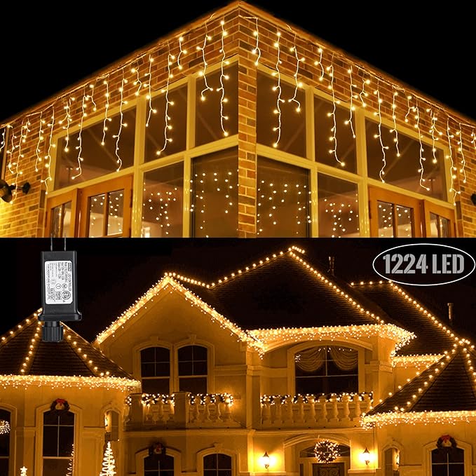 Toodour Christmas Icicle Lights Outdoor, 1224 LED 100ft 8 Modes Fairy Icicle String Light with 204 Drops, Led Christmas Lights Twinkle for Holiday, Party, Wedding, Eaves, Xmas Decorations (Warm White)