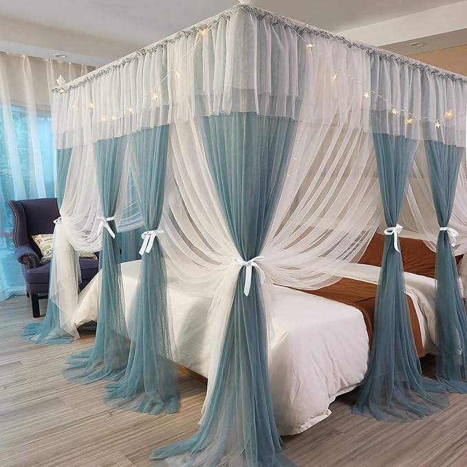 Joyreap Luxury 4 Corners Post Canopy Bed Curtains Twin, Blue n White Cozy Drape Netting for Girls n Adults - 4 Openings Cute Princess Style Bedroom Decoration Accessories