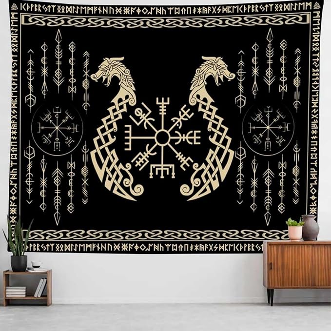 OSUNBD Nordic Vikings Tapestry, Large 8490 inches Soft Flannel, Vegvsir Symbol Twins Dragons Celtic Rune Scandinavian Aesthetic Mythology Tapestry Wall Hanging for Bedroom Living Room Decor
