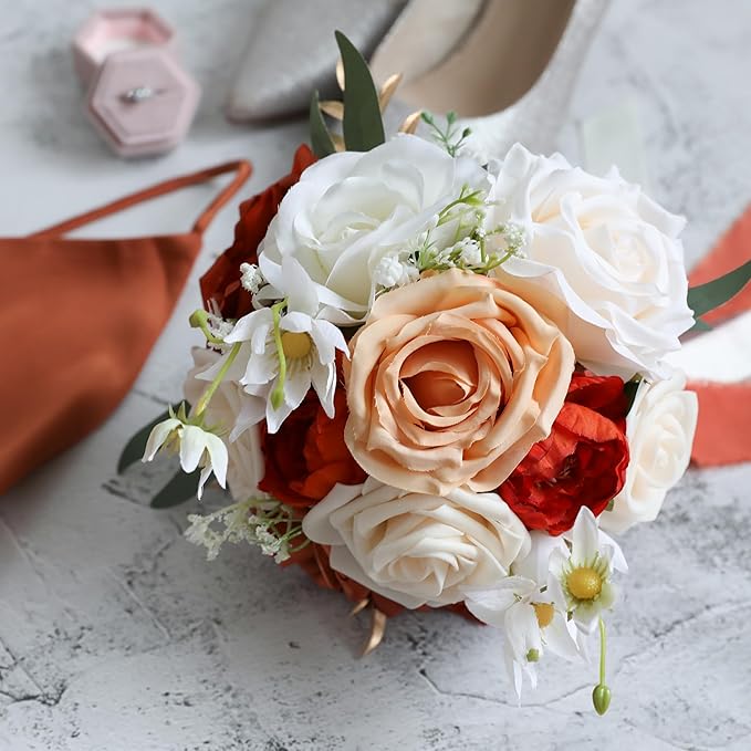 ponatia Burnt Orange Wedding Bouquets for Bride Bridesmaid, Cream Artificial Roses Flowers for Bride Bouquets Ceremony, Anniversary