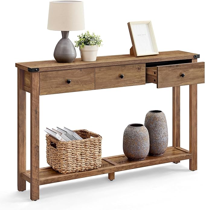 VASAGLE Console Table, Sofa Table, Narrow Entryway Table, Entry Table with 3 Drawers, Open Storage Shelf, Metal Corners, for Living Room, Farmhouse Style, Honey Brown ULNT142KB02S
