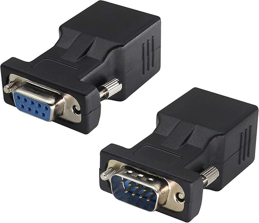 2-Pack DB9 to RJ45 Extender - Male & Female - 9Pin Serial Port to Ethernet LAN Network Adapter - Multimedia Video & Extend Transmission Distance - Compatible with DB9 Devices