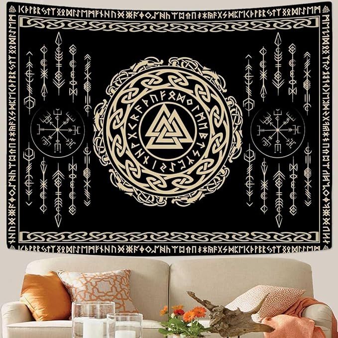 OSUNBD Nordic Viking Tapestry Wall Hanging - Large 108x90 inches Soft Flannel with Valknut, Celtic Runes & Norse Mythology Scandinavian for Bedroom, Living Room Decor