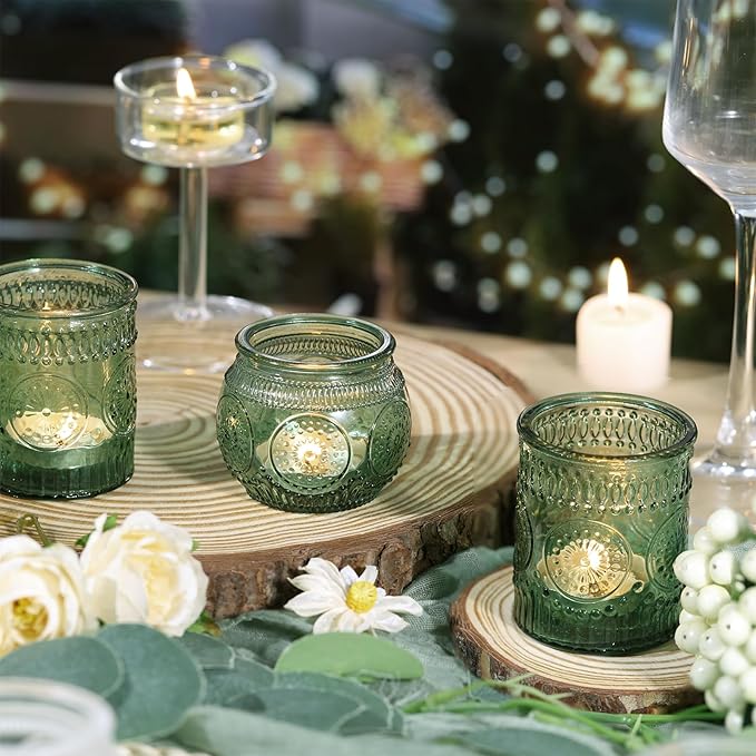 DARJEN 48Pcs Green Votive Candle Holders- Glass Candle Holders Bulk for Flameless LED Tea Waxes, Romantic Candle Holder for Wedding Decor, Various Parties & Dinner Table