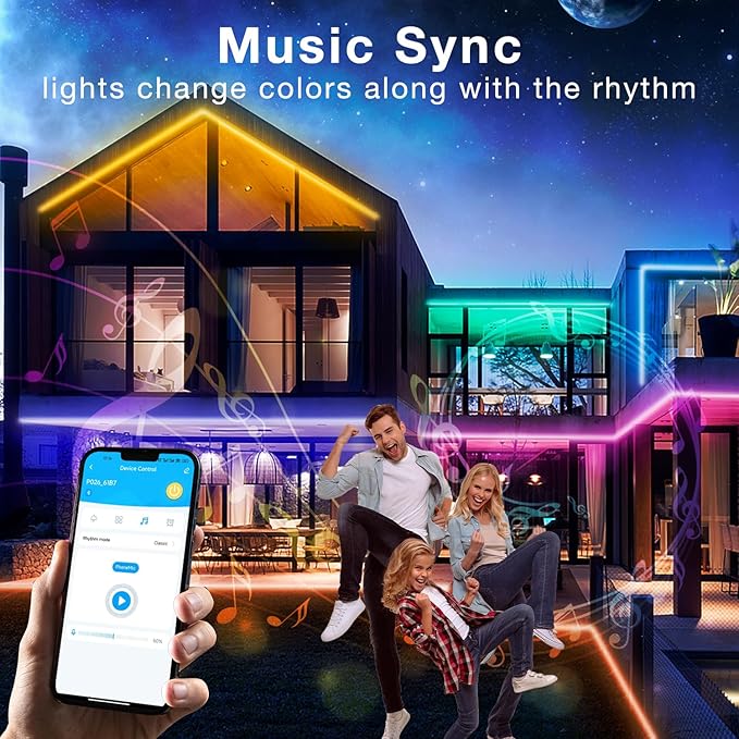 Outdoor LED Strip Lights Waterproof 100ft, IP67 Waterproof LED Light Strips with Remote, Music Sync APP Control, RGB Color Changing LED Lights for Eaves, Roof, Pool, Patio, Outdoor Decorations